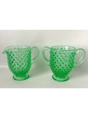 Green Hobnail Cream and Sugar Fenton No Opalescent Creamer Vintage